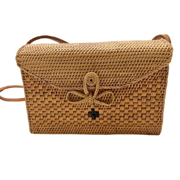 Straw Wood Hard Frame Rattan Shoulder Bag - Picture 2 of 8